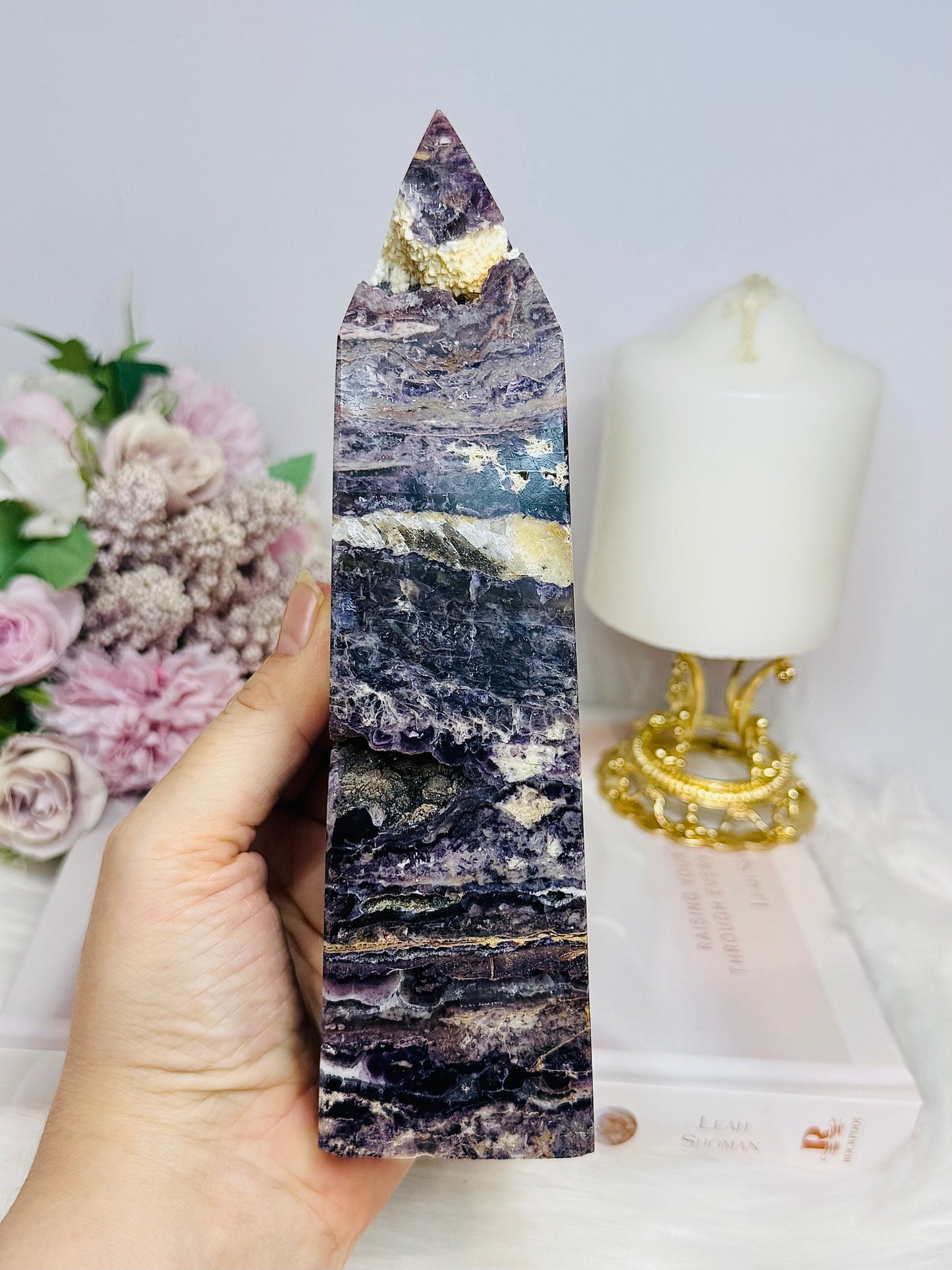 Large Purple Fluorite X Sphalerite Druzy Tower 19cm 768g