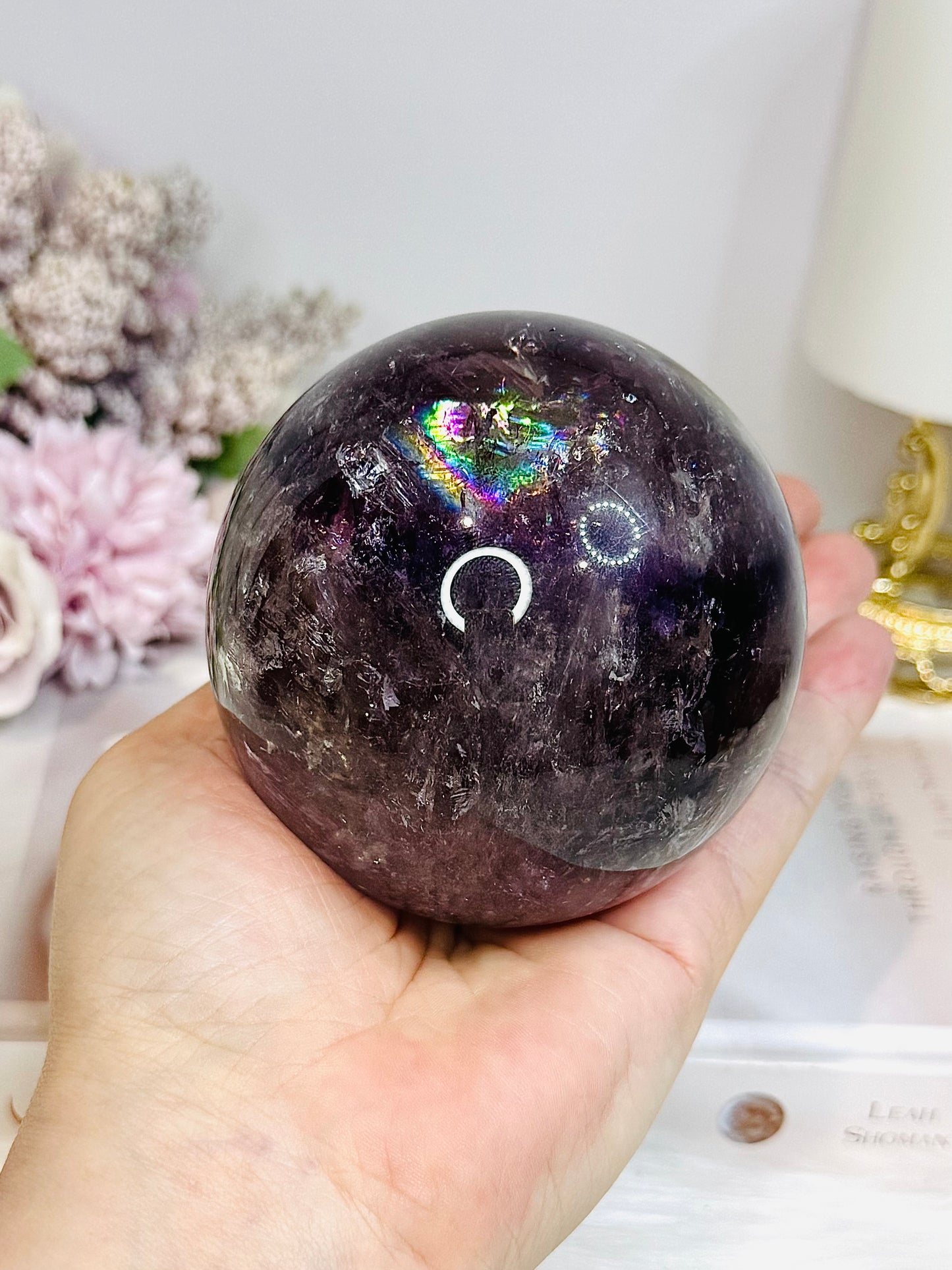 Large High Grade Phantom Amethyst Sphere with Rainbows On Stand 665g