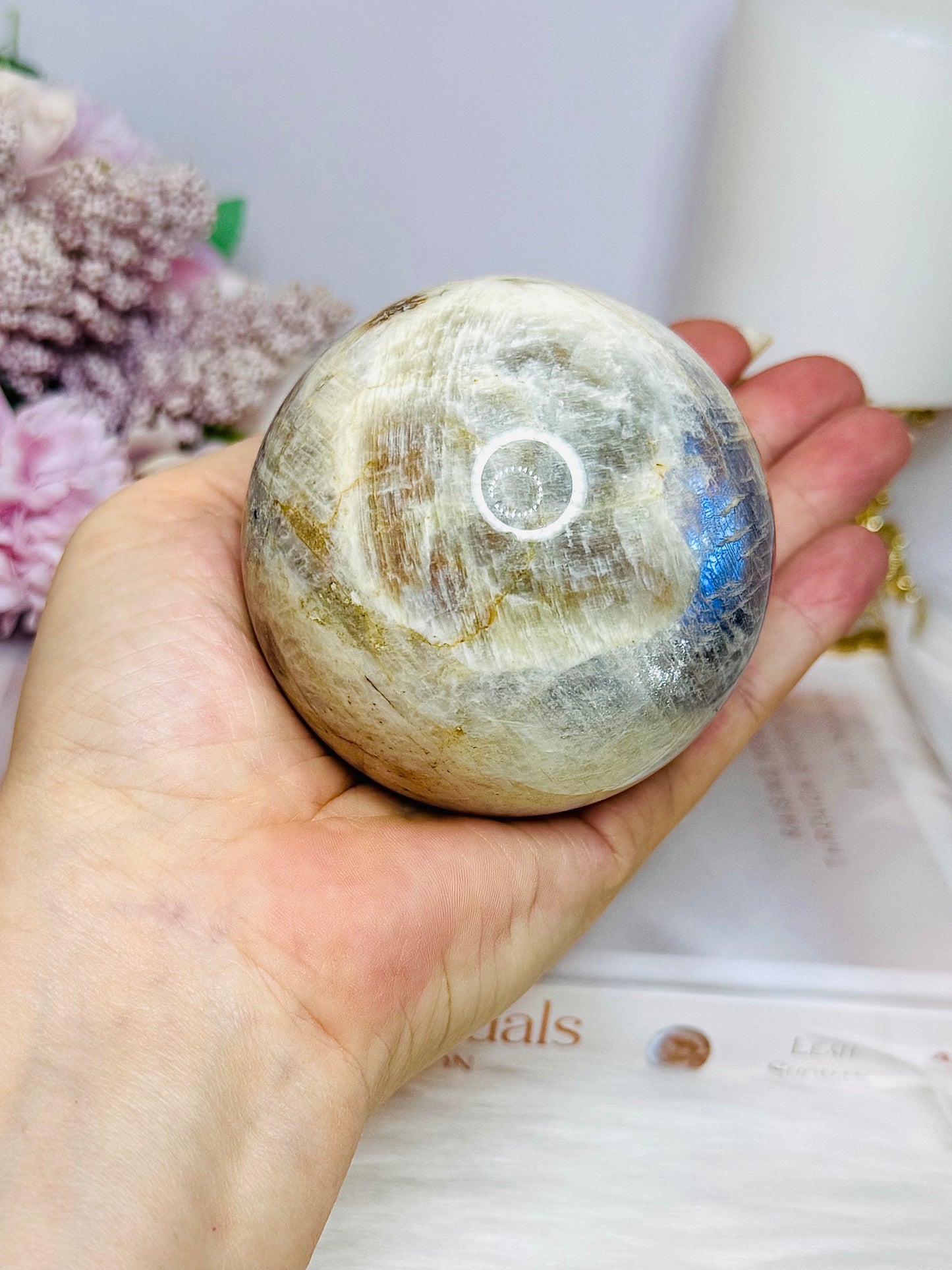 Large Moonstone Sphere with Blue Flash on Stand 520g