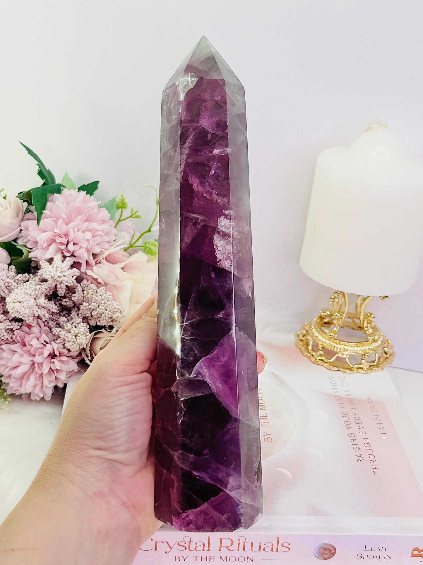 Fabulous Tall 23.5cm 968gram Purple Fluorite Tower with Rainbows