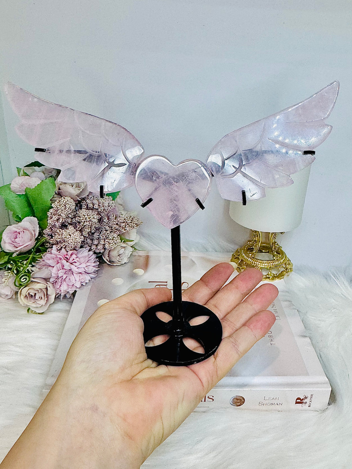 Rose Quartz Heart & Wings On Stand H 17cm x L 19cm