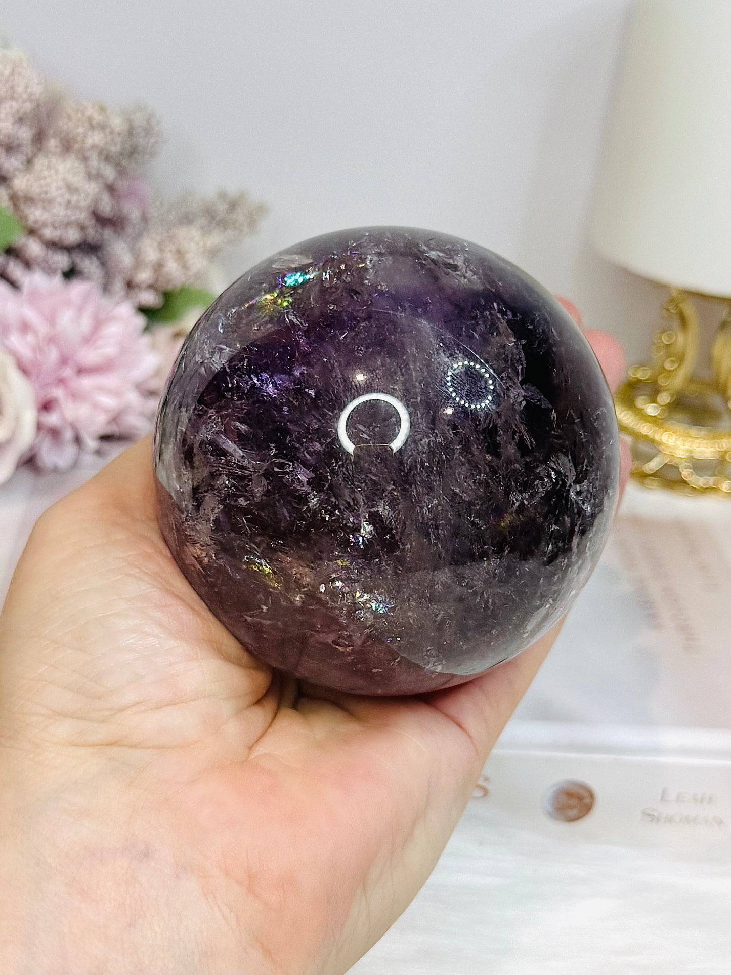 Large High Grade Phantom Amethyst Sphere with Rainbows On Stand 665g
