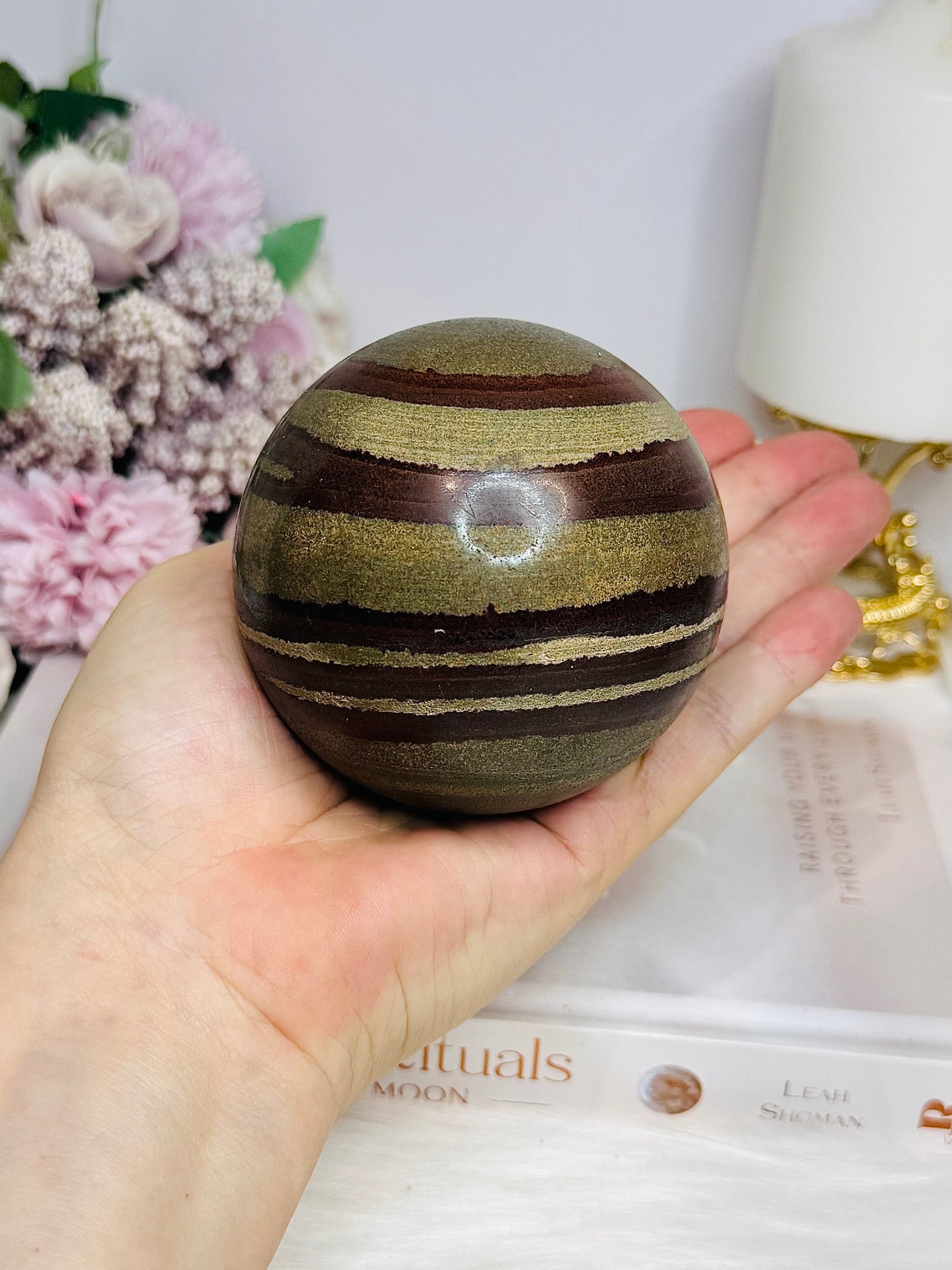 Large Zebra Rock Sphere on Stand 620g