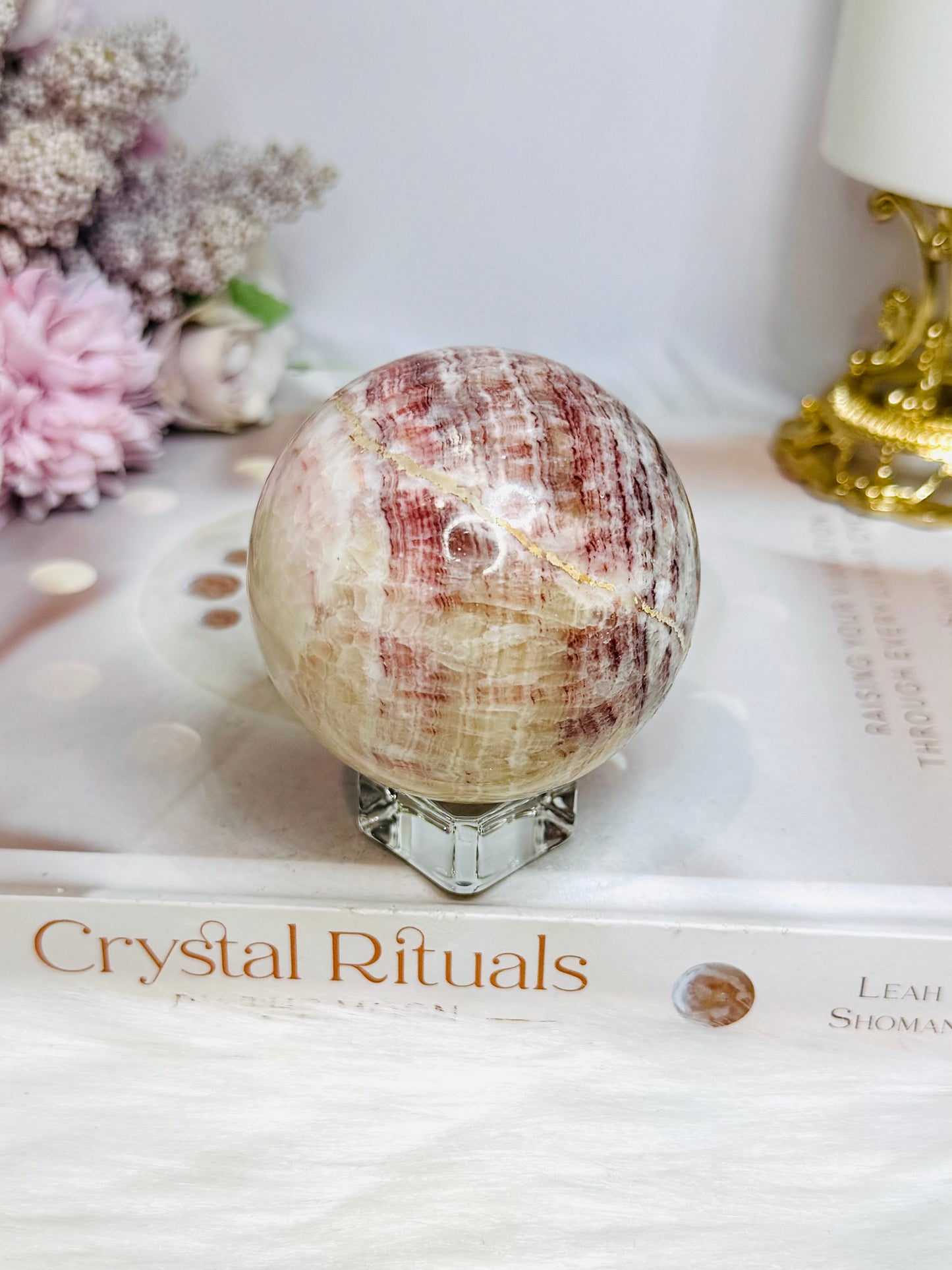 Pink Banded Calcite | Pork Stone Sphere On Stand 307g