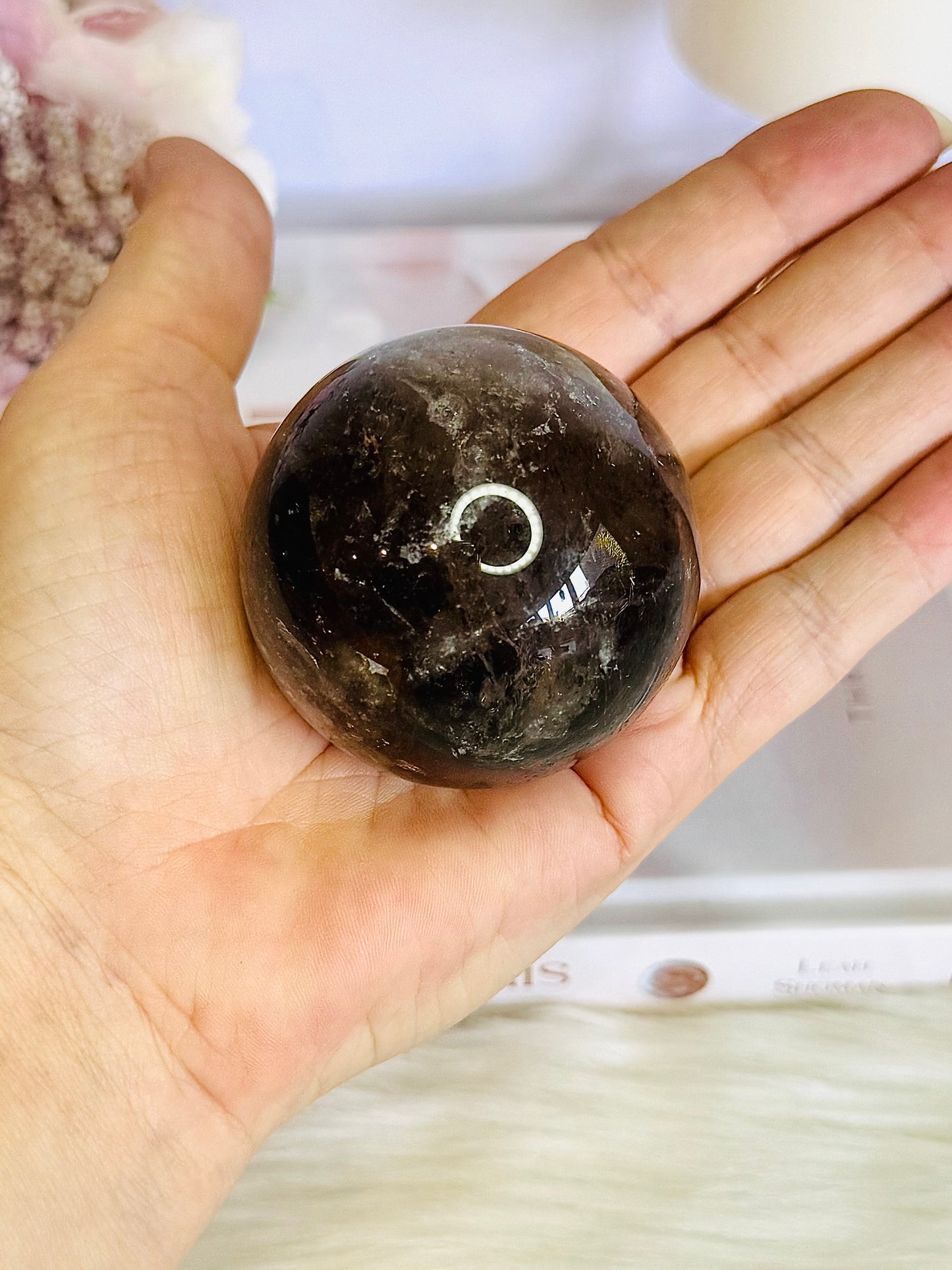 Supports Anxiety & Depression ~ Smokey Quartz Sphere on Gold Stand 10cm