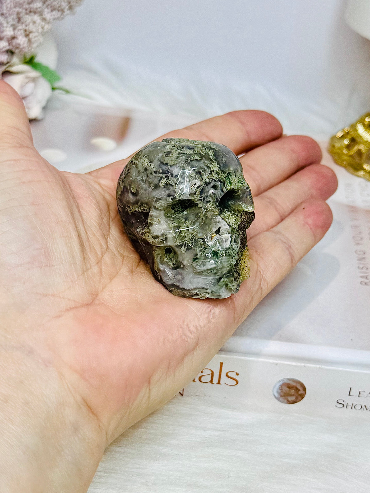 Moss Agate Carved Skull 5.5cm
