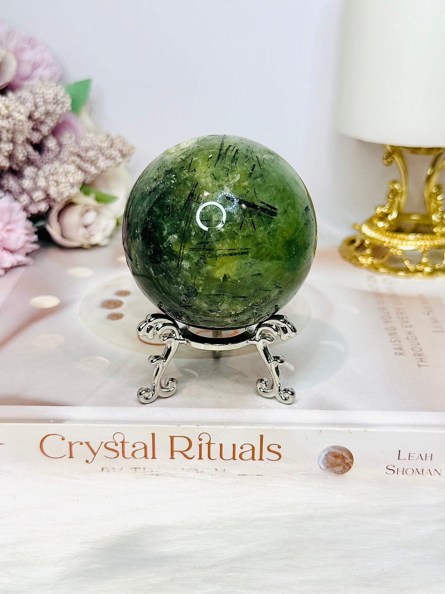 Large Druzy Prehnite Sphere on Stand 357g