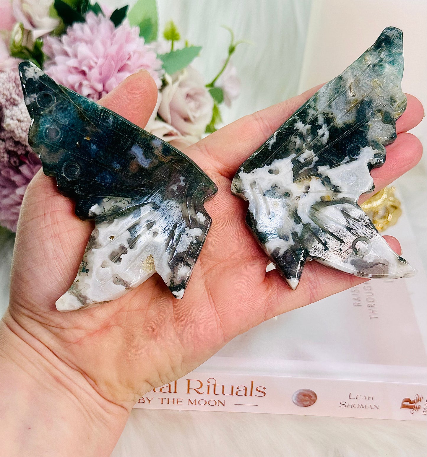 Simply Stunning Moss Agate Wings On Butterfly Stand 14cm