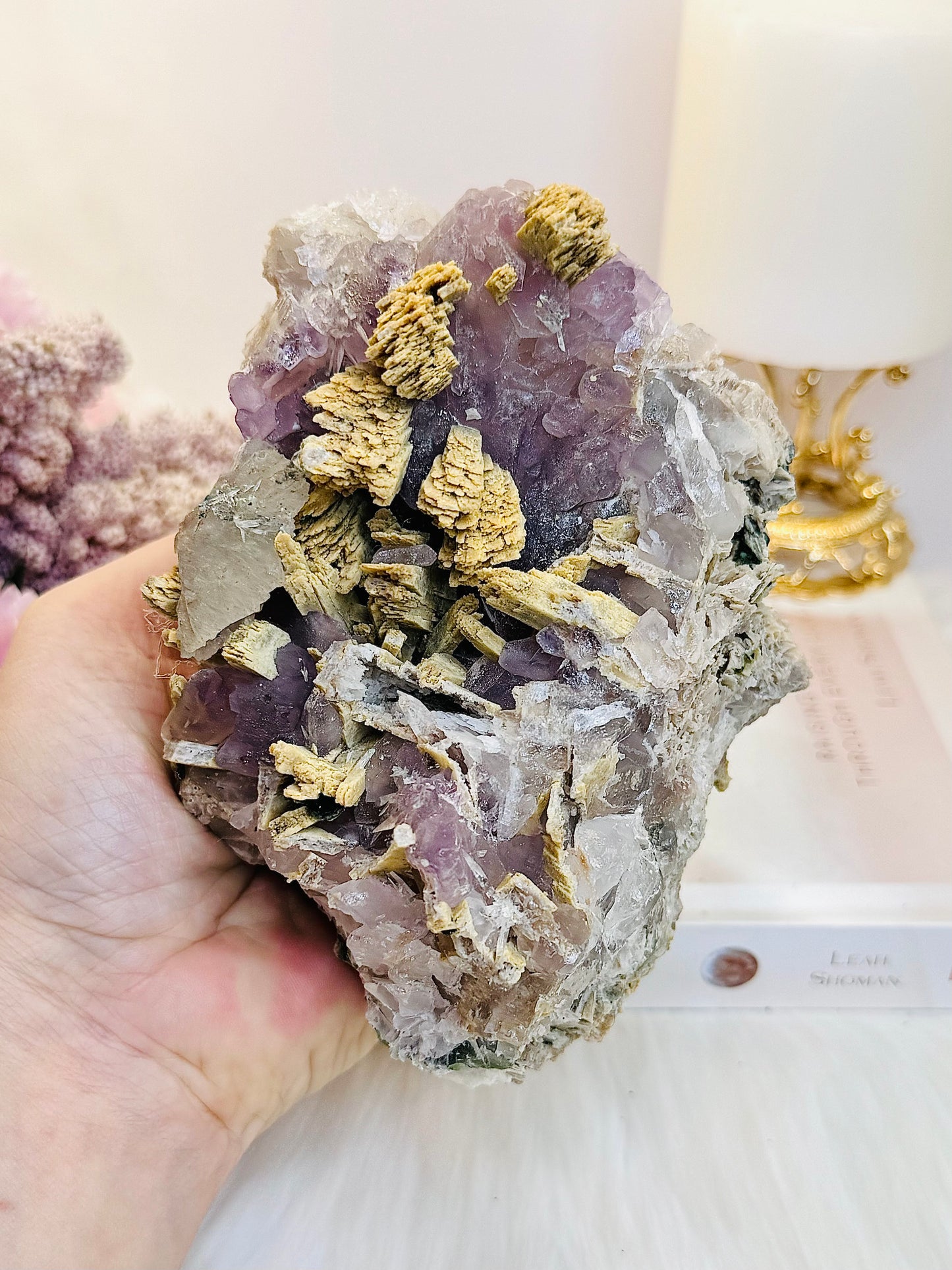 Wow!!! What A Beauty!! Large 608gram Incredible Natural Purple Fluorite Specimen On Gold Stand