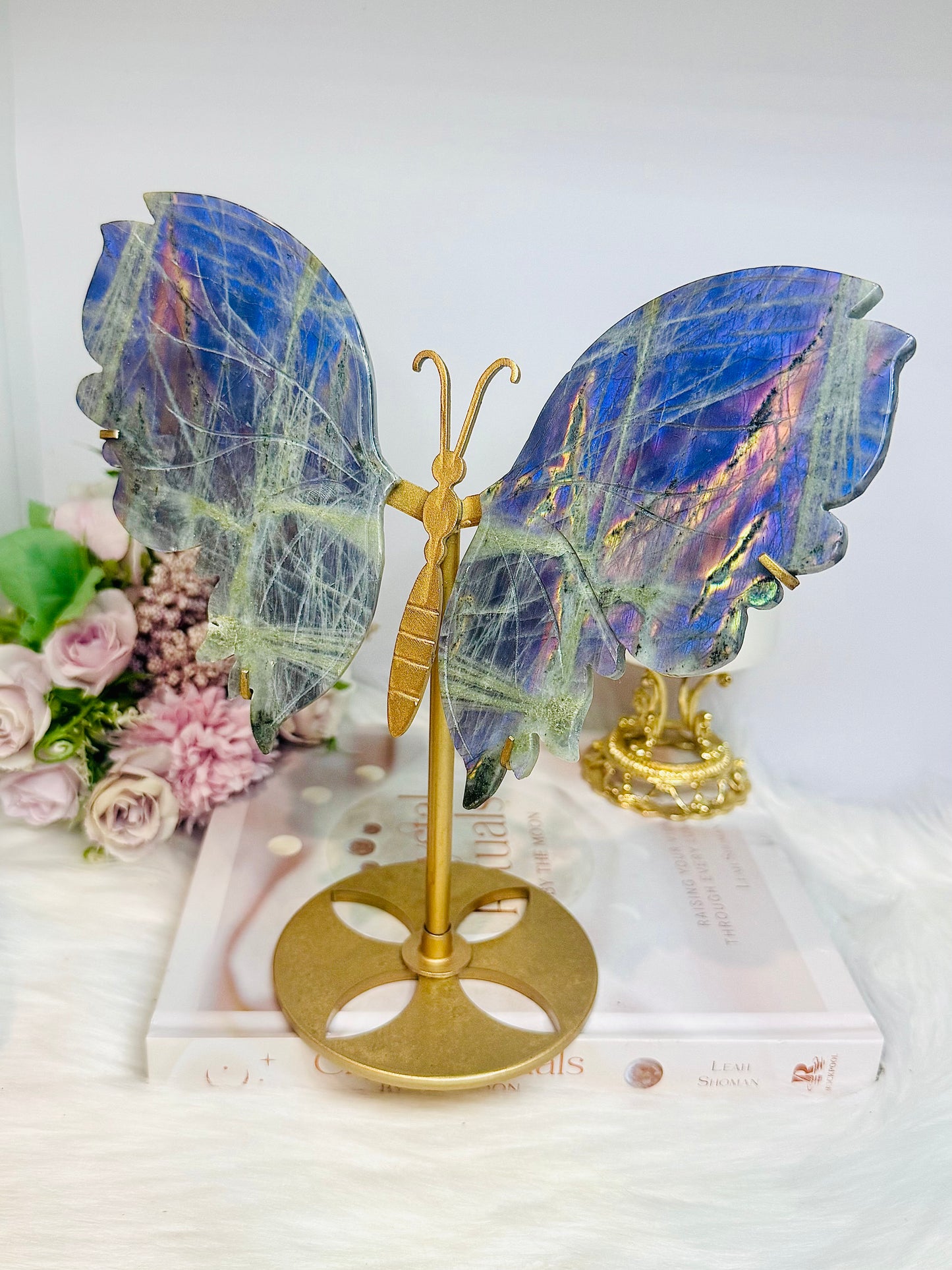Large Labradorite Butterfly Wings With Purple Flash 21cm Tall