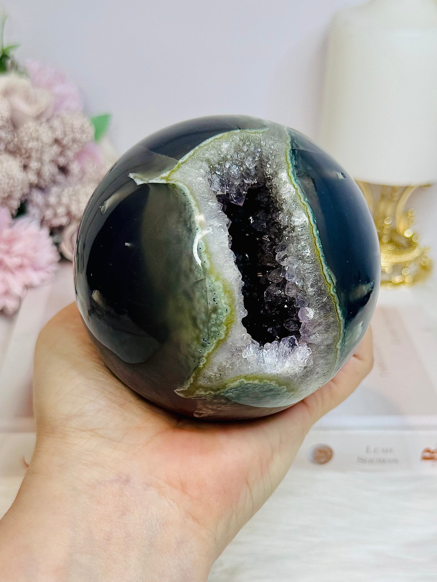 High Grade Huge Amethyst Druzy Agate Sphere on Stand 934g