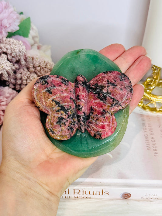 Large Rhodonite Carved Butterfly On Green Aventurine Lillypad / Leaf 10cm