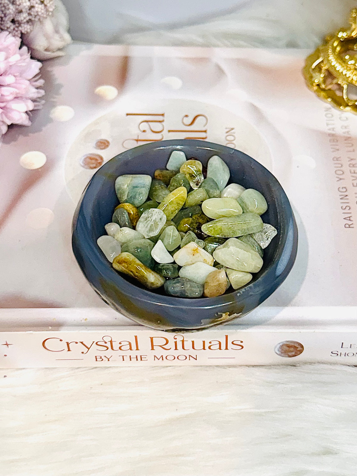 Agate Carved Bowl with Blue Calcite Chips 338g