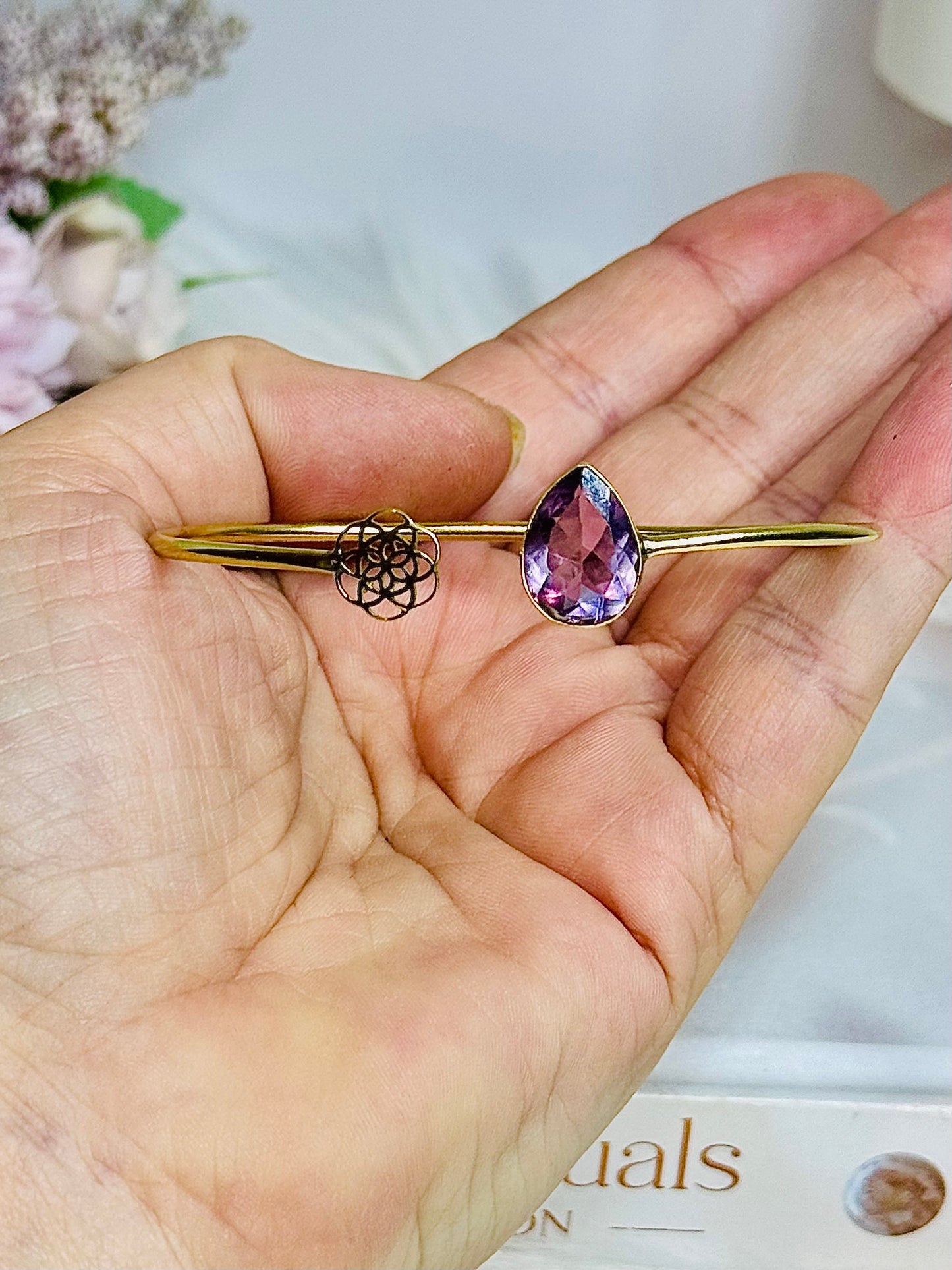 Brass & Amethyst Flower of Life Bangle
