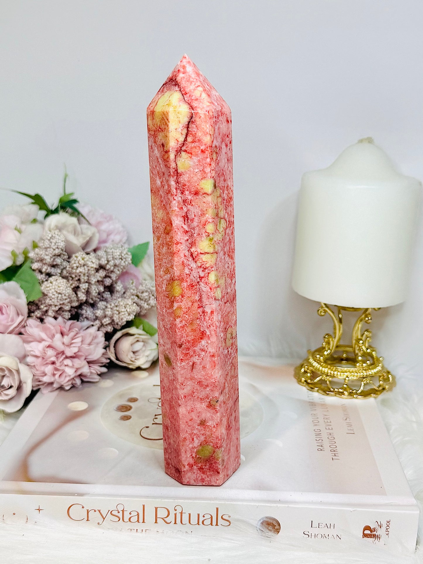 Rare Large Thulite Tower with Epidote Inclusions 20cm