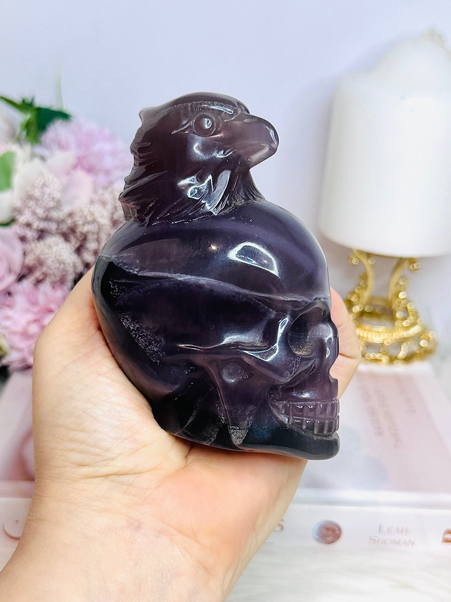 Large Deep Purple Skull with Eagle Carving 10cm 587g