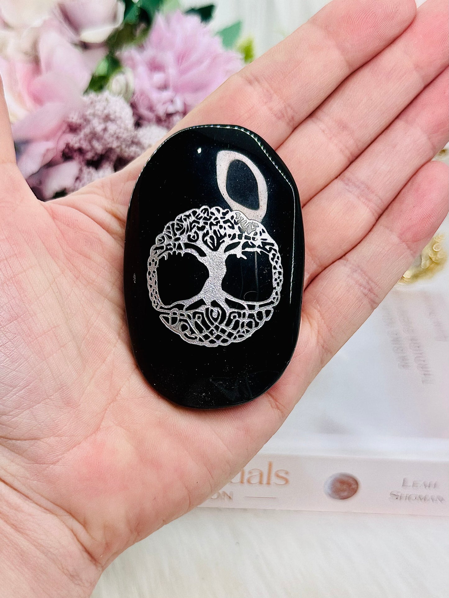 Highly Protective Stone ~ Large Black Obsidian Palm Stone with Silver Tree Of Life Print