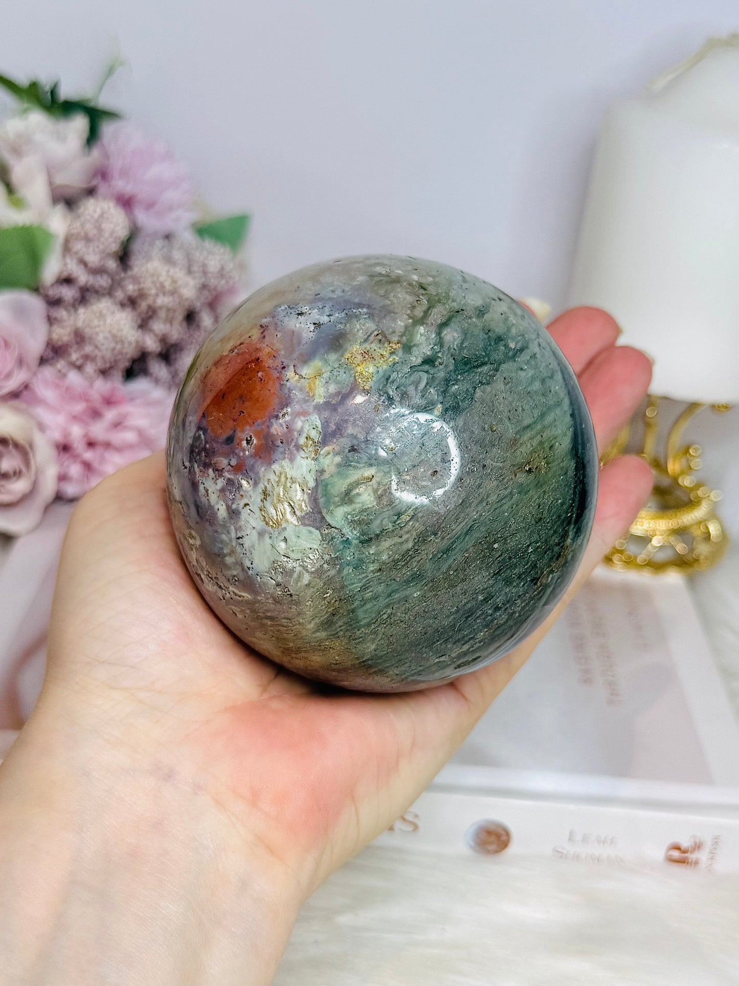 Large Ocean Jasper Sphere on Stand 840g