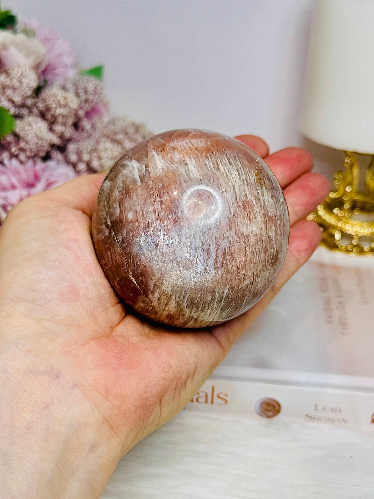 Shimmering Large Sunstone with Moonstone Sphere on Stand 433g