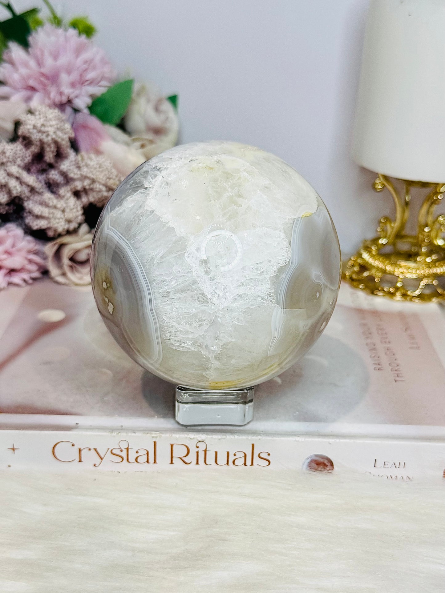 Large Flower Agate Sphere On Stand 848g