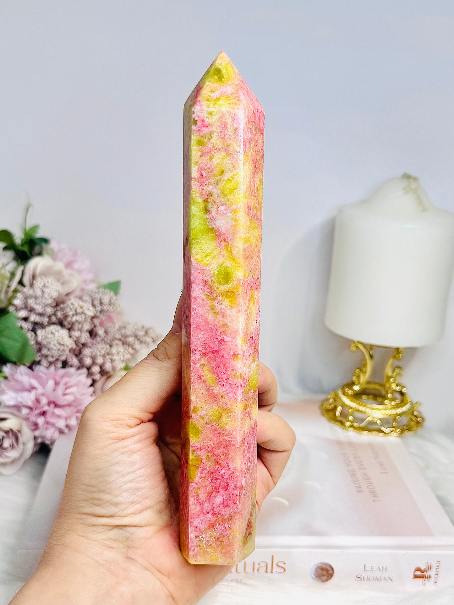 Rare Large Thulite Tower with Epidote Inclusions 19.5cm