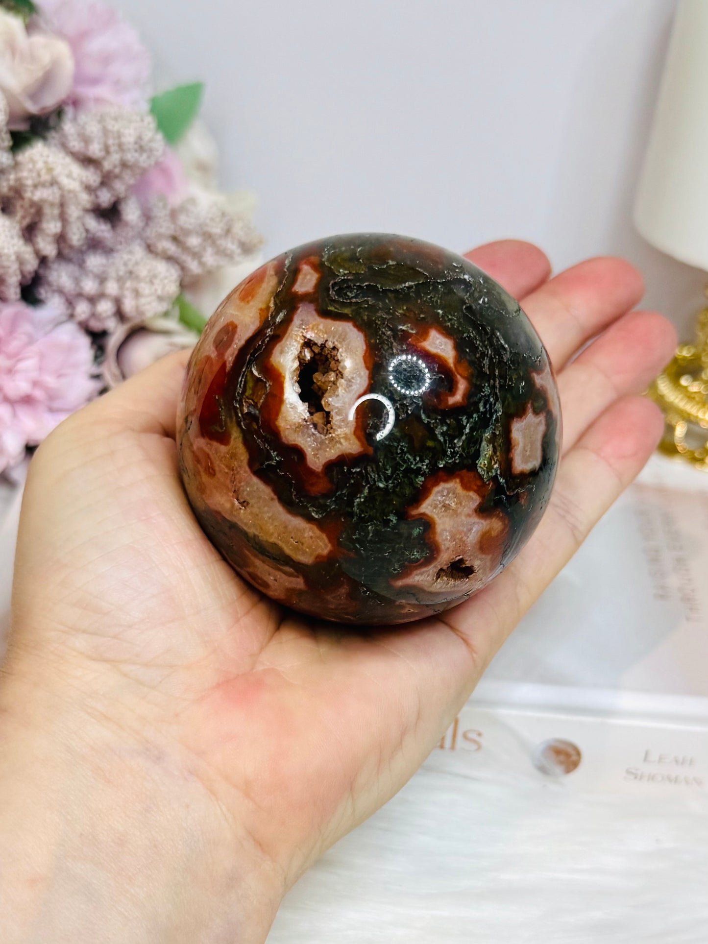 Large Red Moss Agate Druzy Sphere on Stand 452g