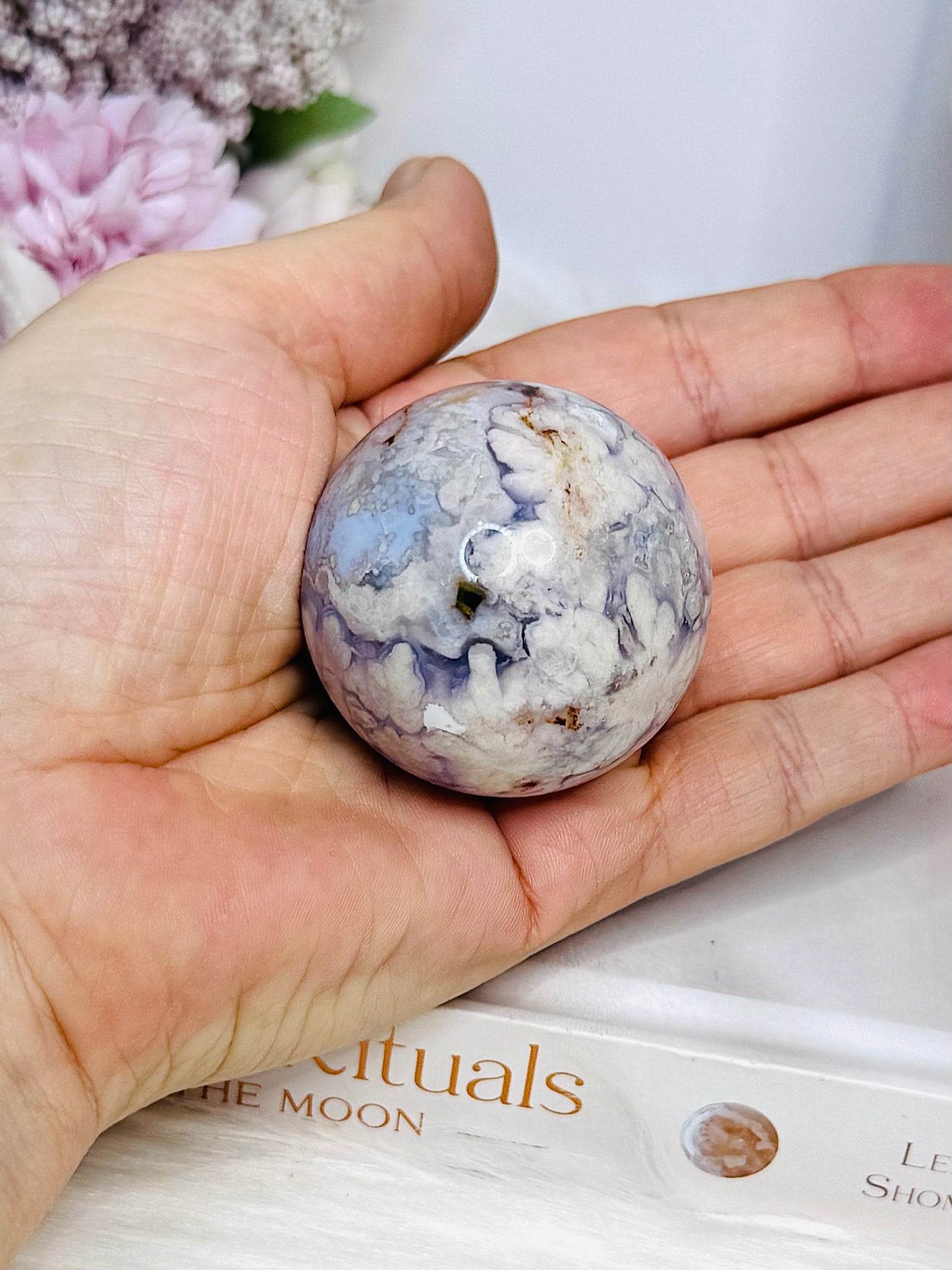 High Grade Blue Flower Agate Sphere on Stand 119g