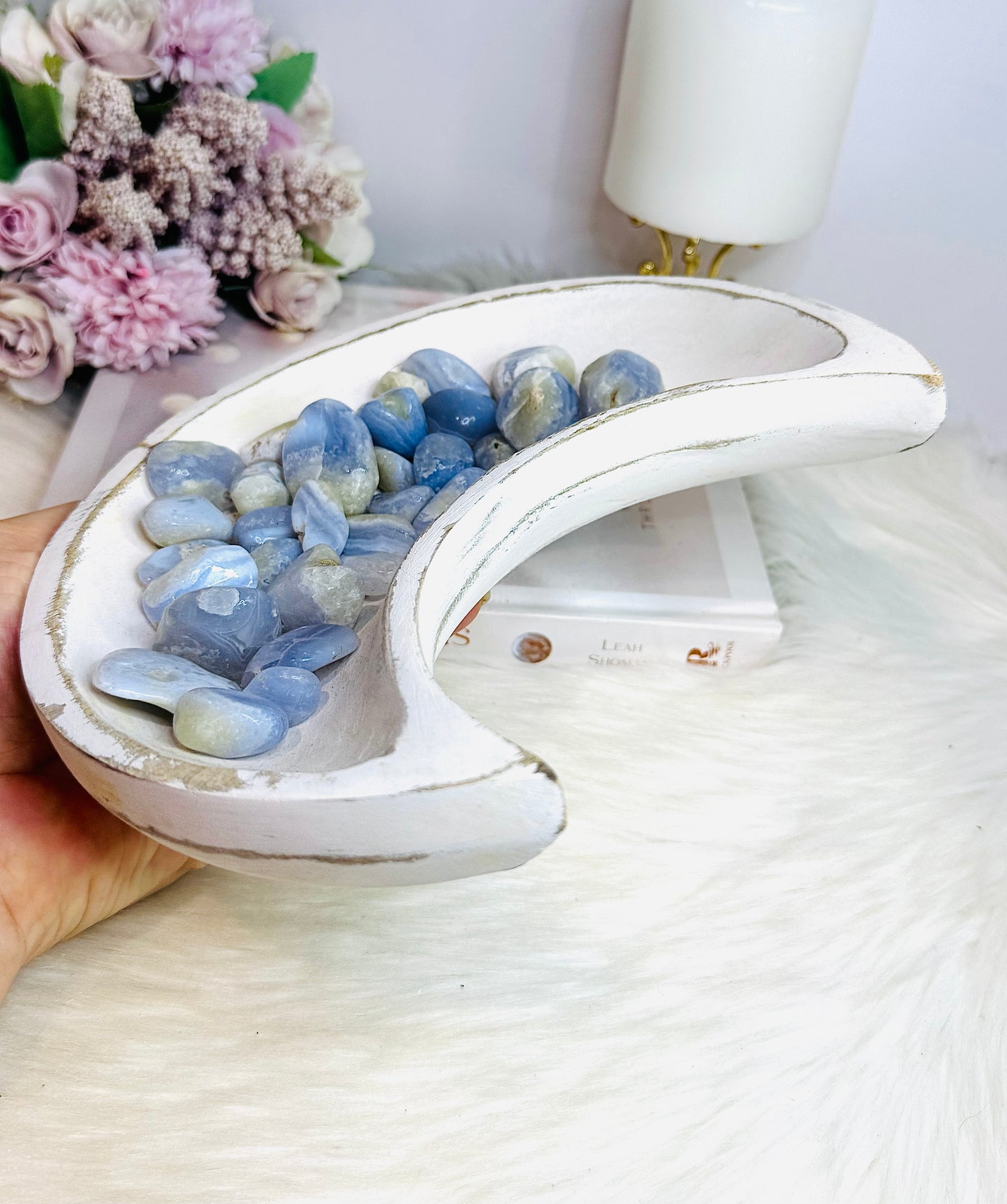 Large Timber Moon Bowl 20cm Filled with Blue Lace Agate Tumbles