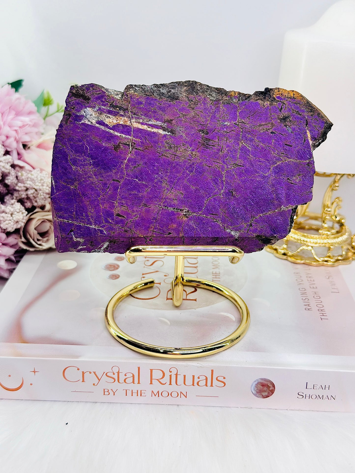 Incredible Rare Natural Velvet Purpurite Large Slab On Gold Stand 578grams