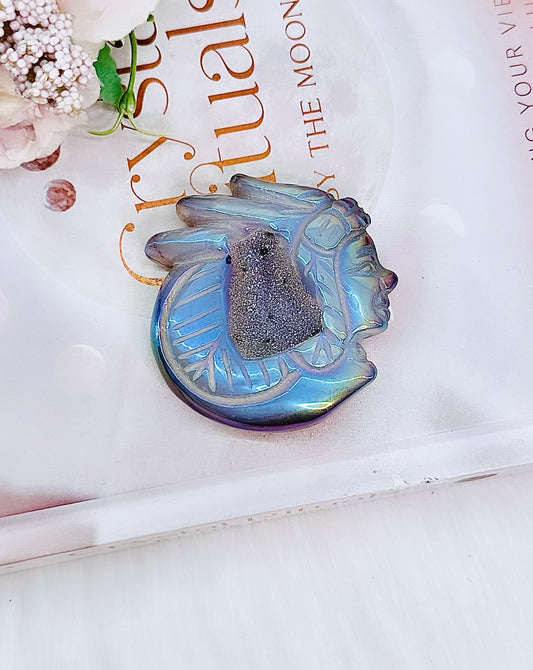 Absolutely Gorgeous Angel Aura Druzy Agate Carved Indian Head 6cm