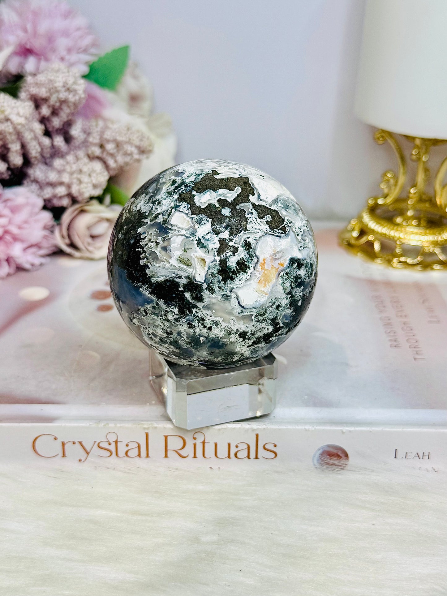 Moss Agate Sphere on Stand 368g