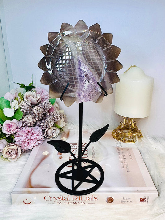 Large Druzy Amethyst X Agate Sun Flower Carving on Stand 23cm