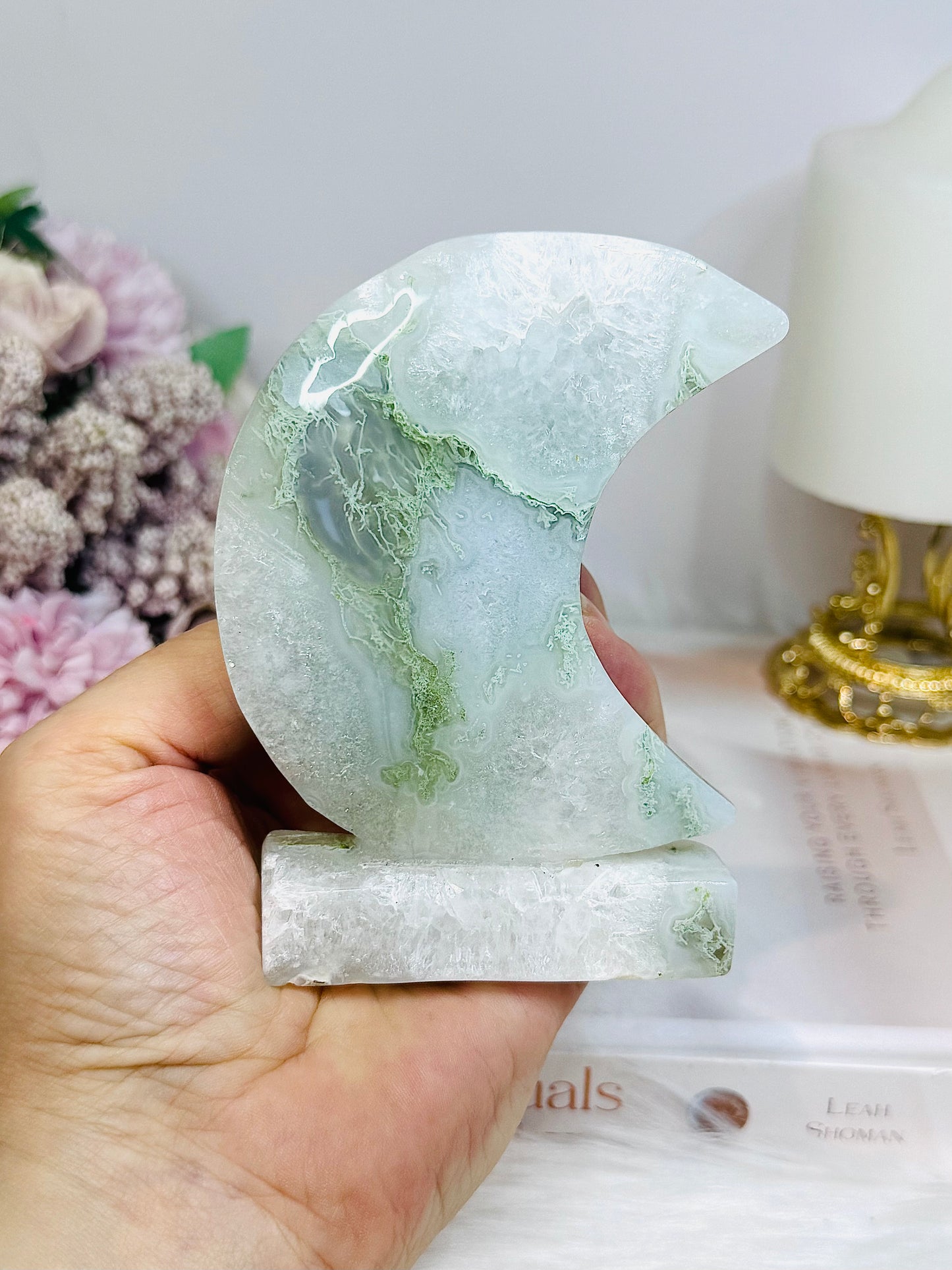 Moss Agate Druzy Moon On Stand 10cm 256g