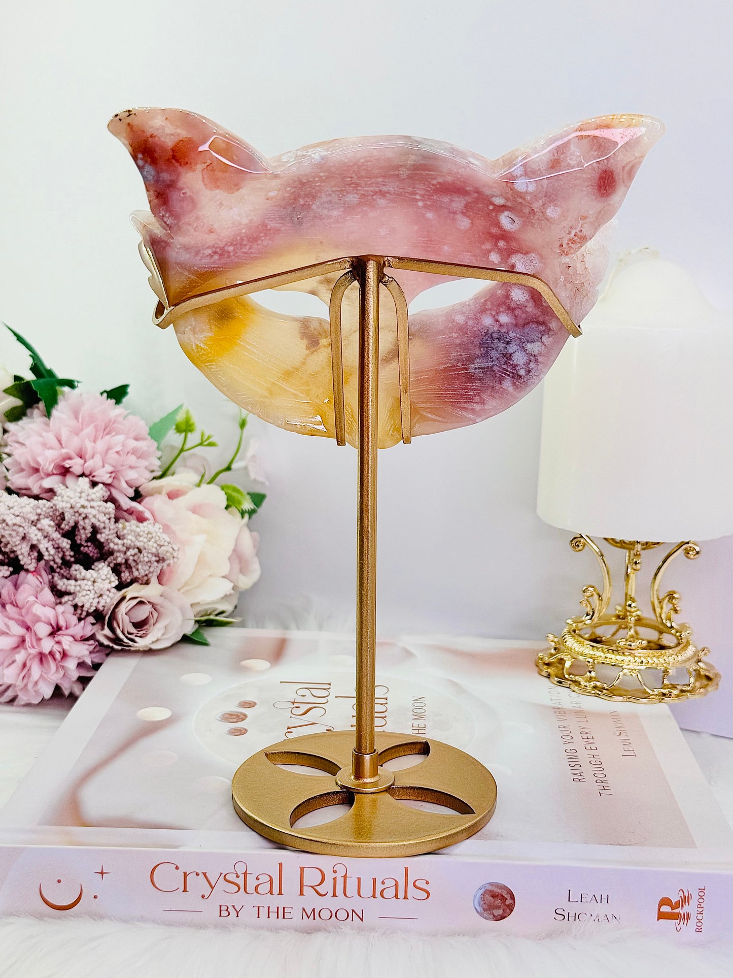 Wowww!!!!! Absolutely Incredible Large 20cm (Inc Stand) Rare Combination | Hybrid Mix Pink Amethyst X Flower Agate Mask On Gold Stand