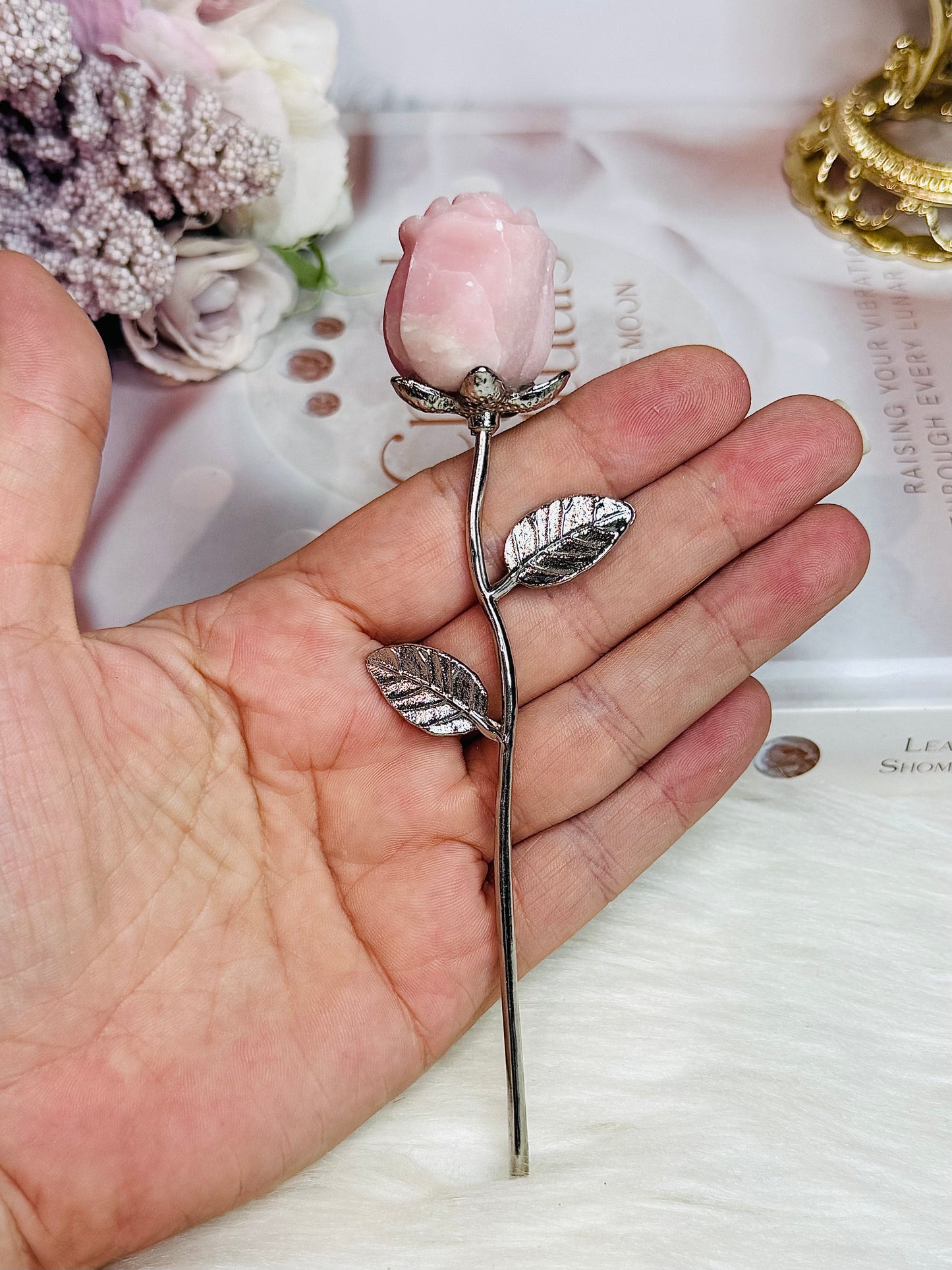 Beautiful Pink Opal Carved Silver Rose 15cm