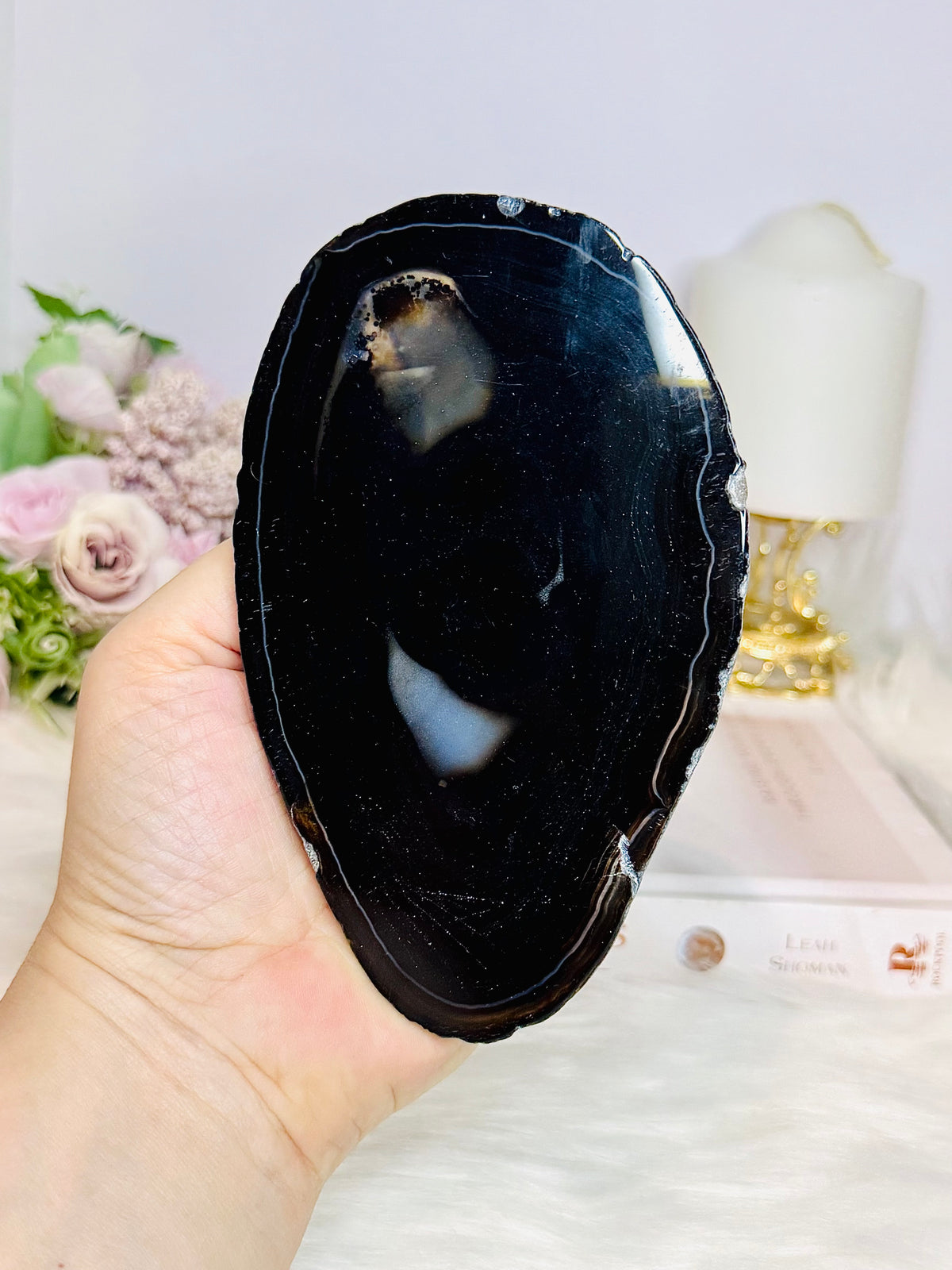 Large Black Agate Slice On Stand 14cm