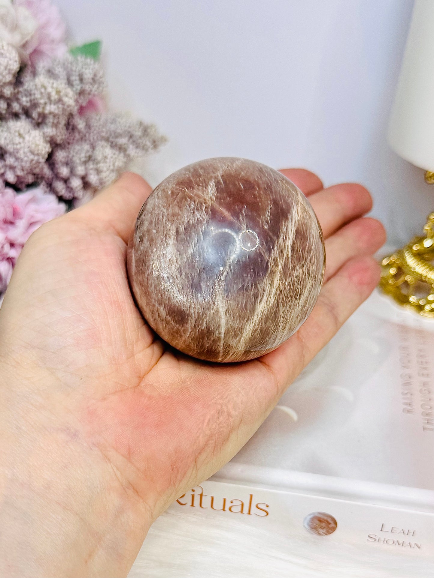 Shimmering Sunstone with Moonstone Sphere on Stand 250g