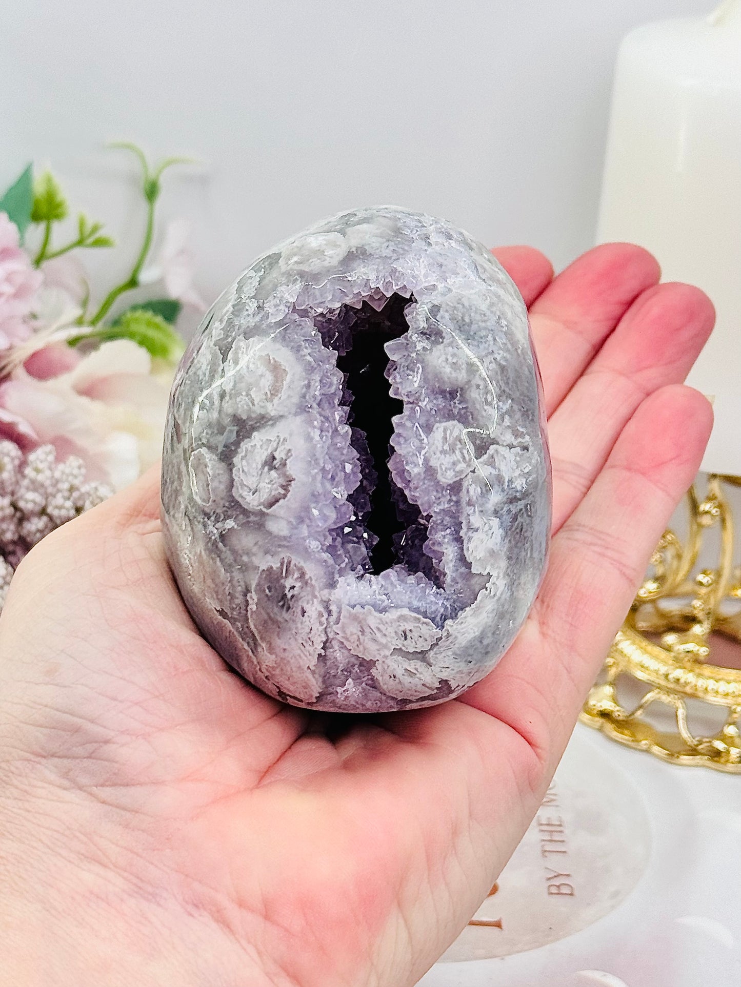 High Grade 14.5cm Druzy Pink Amethyst Freeform | Egg On Stand 558grams