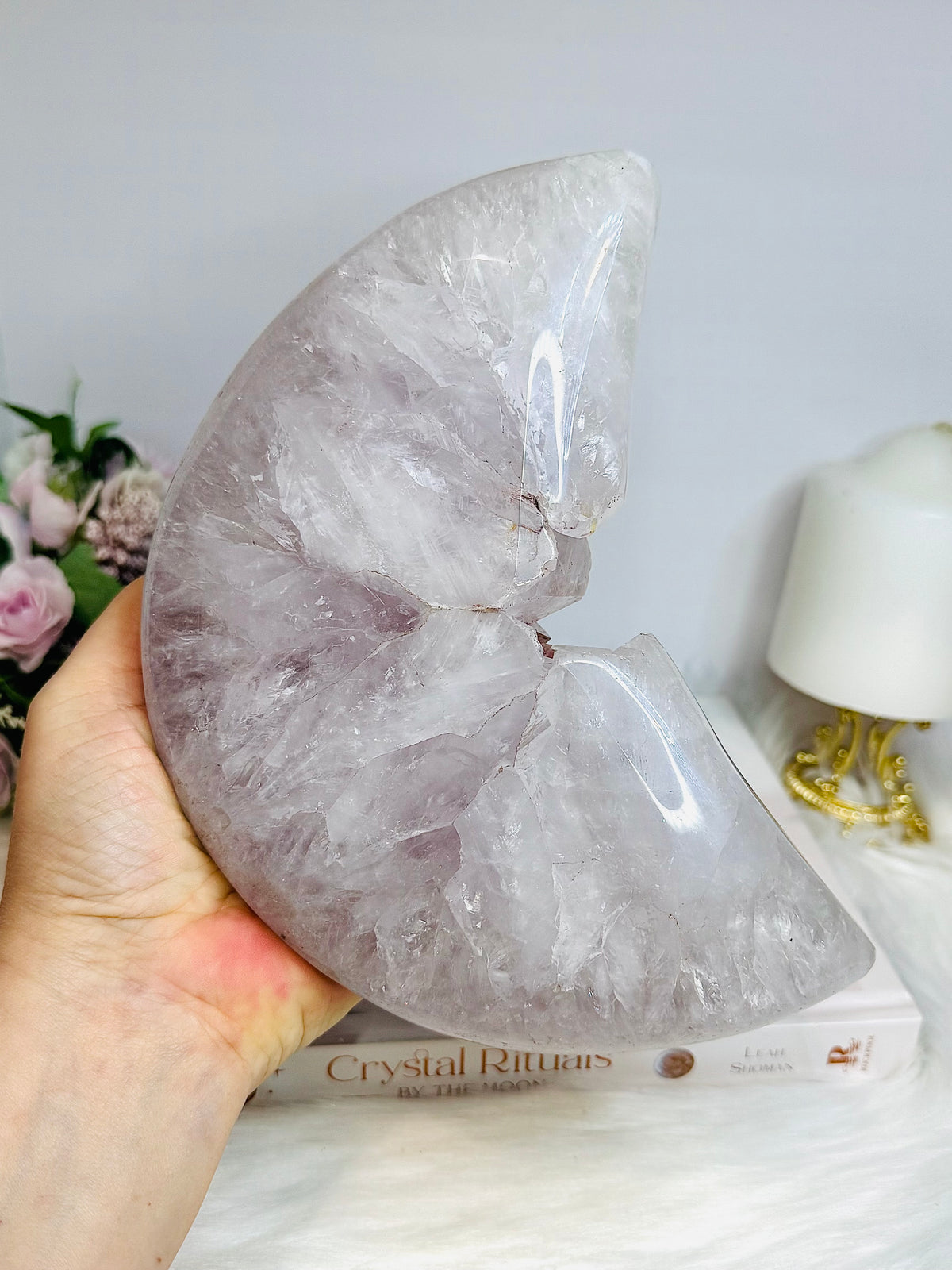 Huge Amethyst Carved Druzy Moon On Custom Stand 2.2KG 28cm (Inc stand)