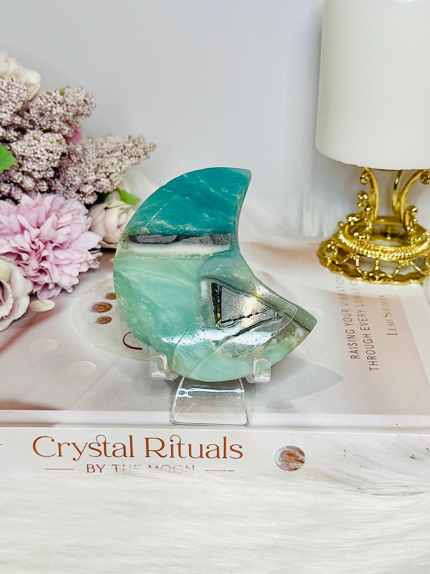 Sky Blue Quartz Carved Moon On Stand 8cm