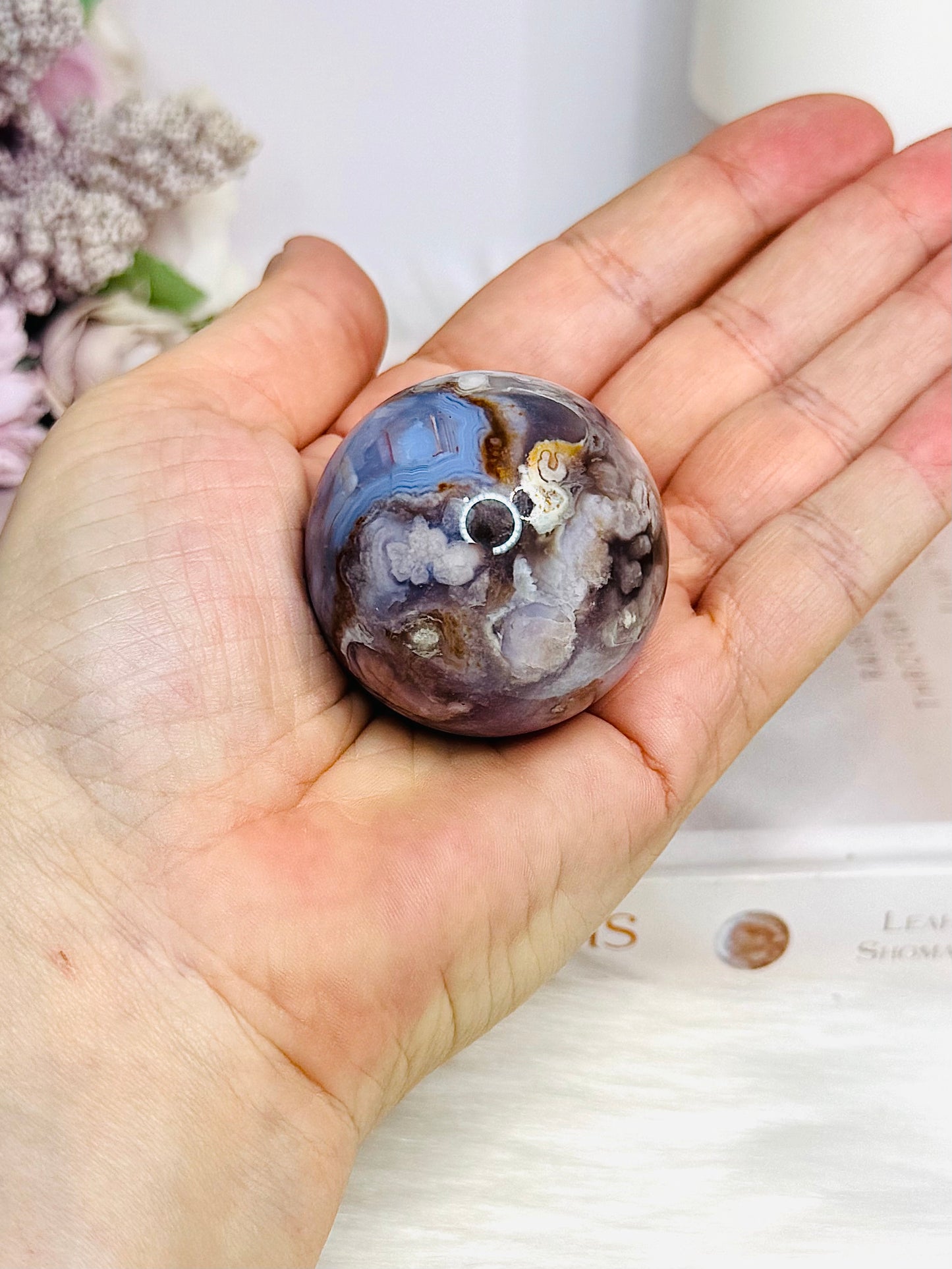 High Grade Blue Flower Agate Sphere on Stand 104g