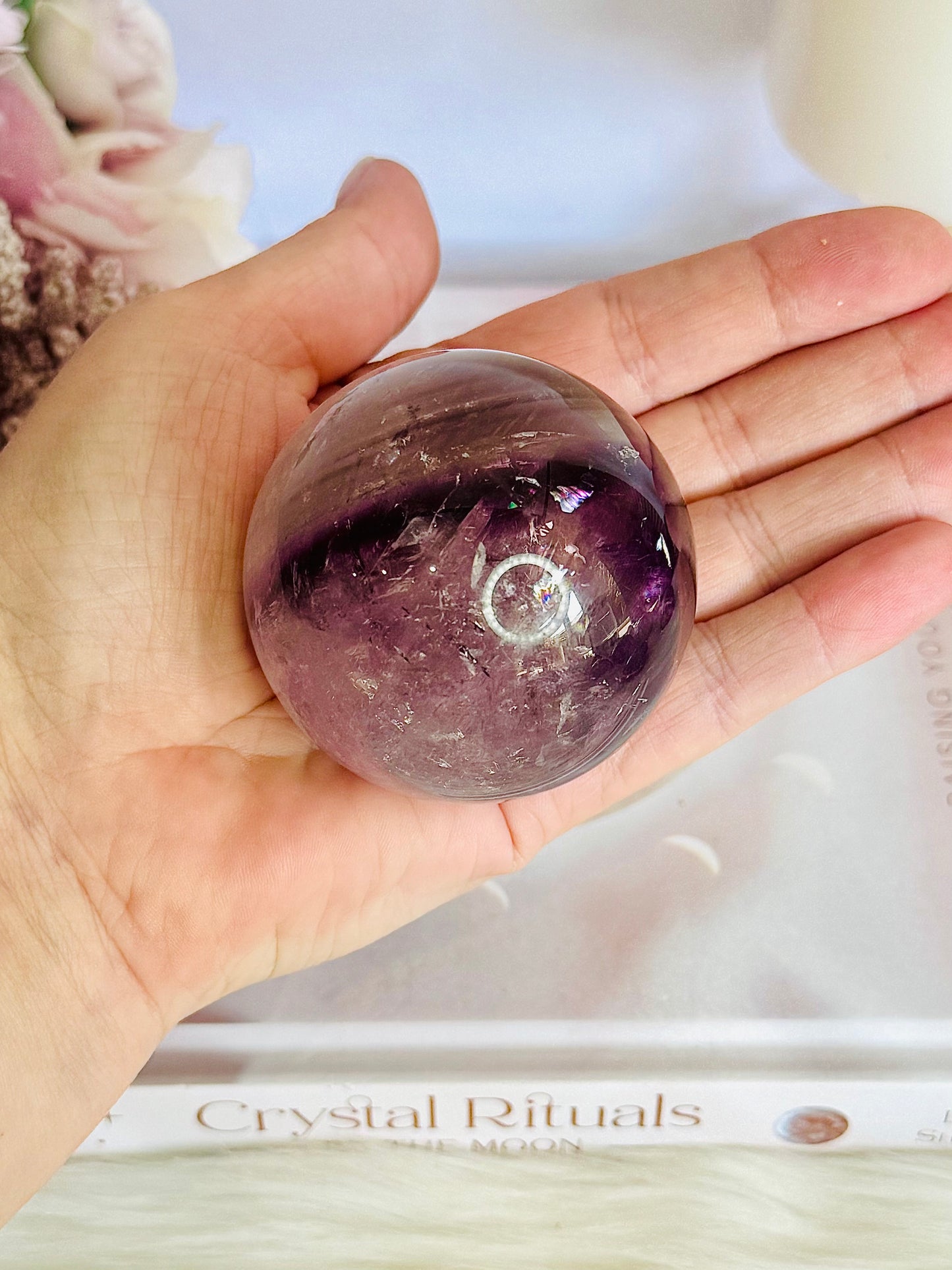 Incredible Phantom Amethyst Sphere with Rainbows 261grams On Stand