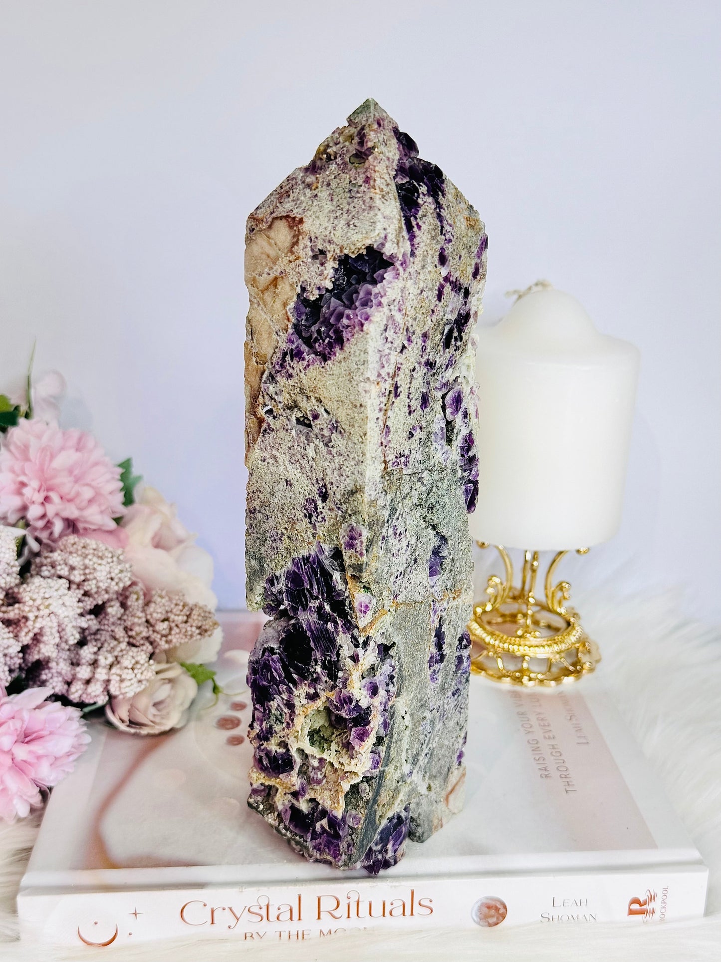 Huge Purple Cubed Fluorite in Matrix Carved Tower | Generator 22.5cm