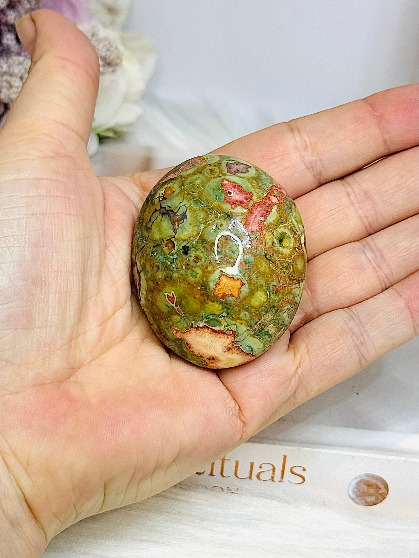 Rainforest Jasper Palm Stone (Stand is display only)