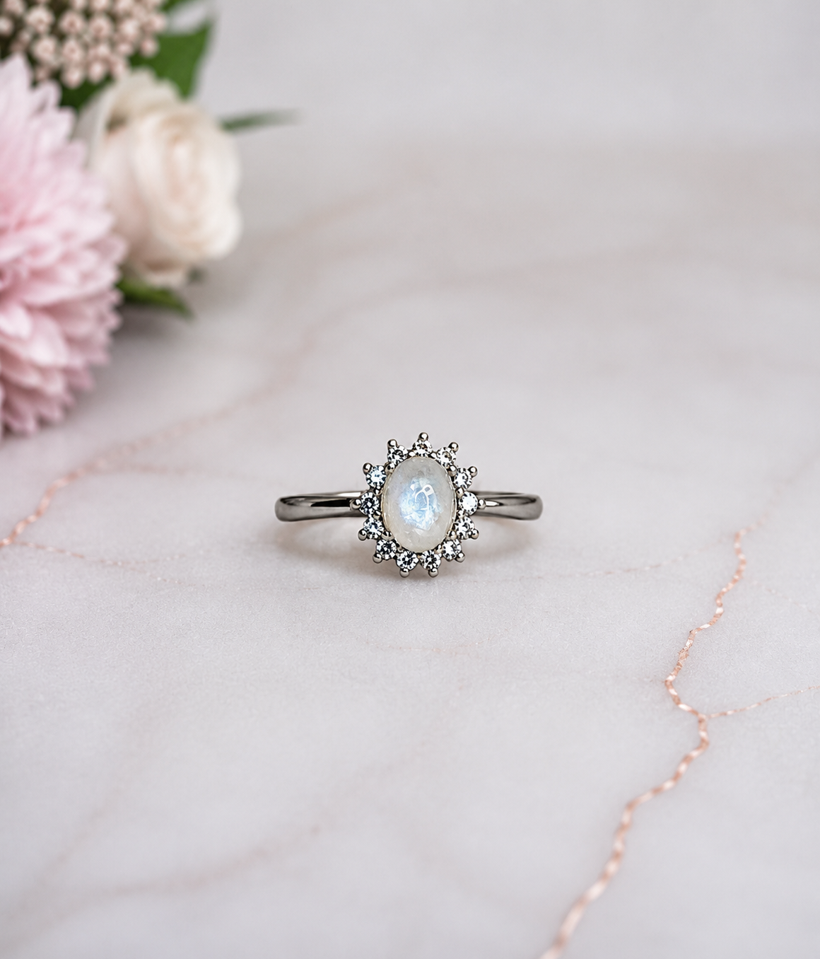 Moonstone Adjustable Ring with Blue Flash