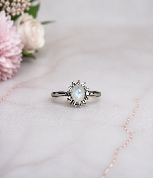 Moonstone Adjustable Ring with Blue Flash