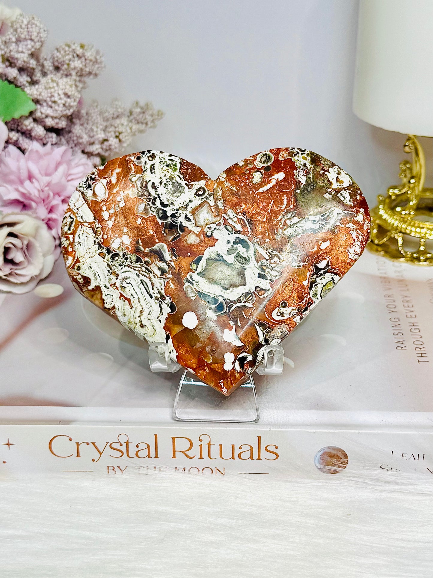 Large Money Agate Carved Heart On Stand 10.5cm