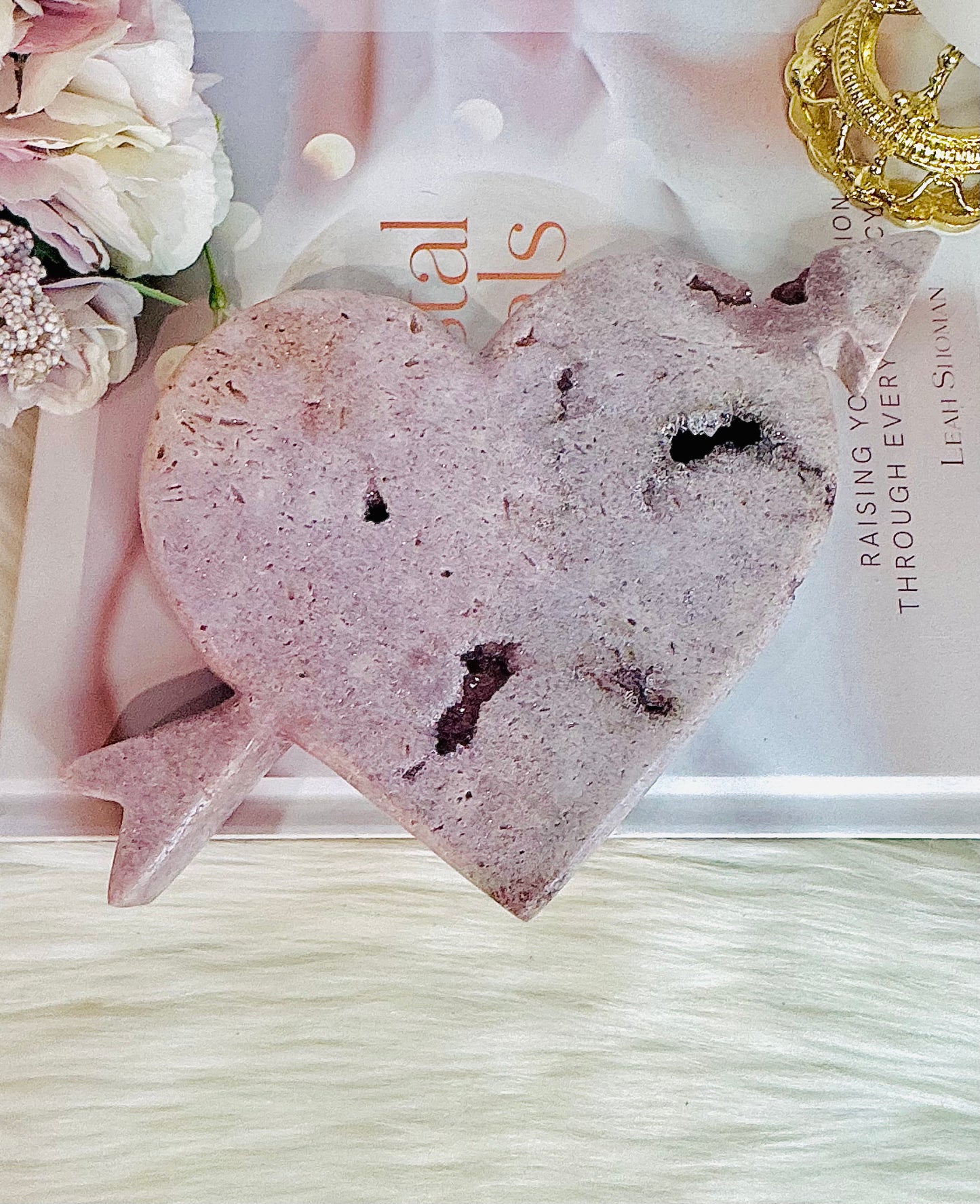 Classy & Fabulous Uniquely Carved Large Pink Amethyst Heart with Arrow 584grams