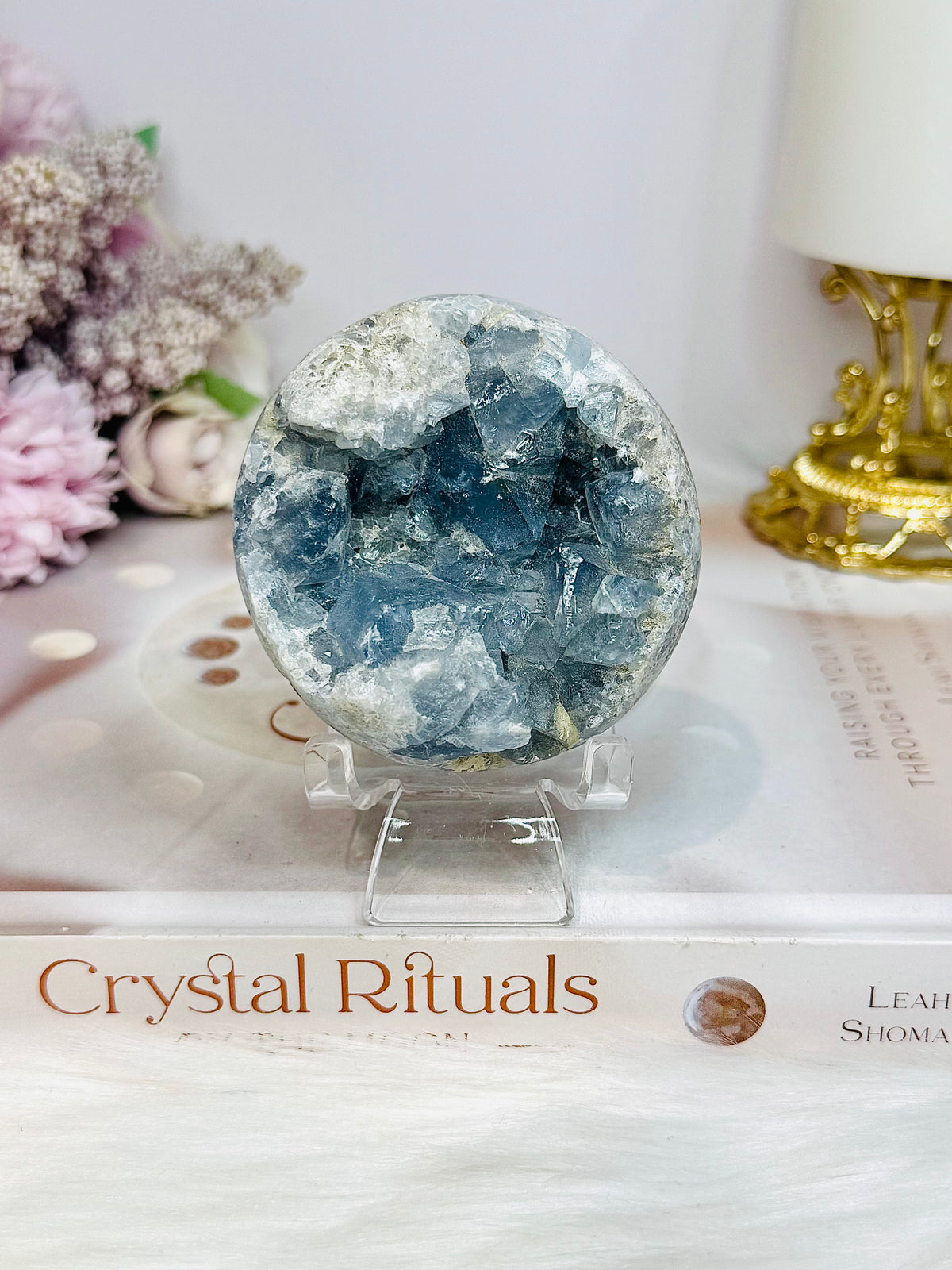 Blue Celestite Round Freeform 262g On Stand
