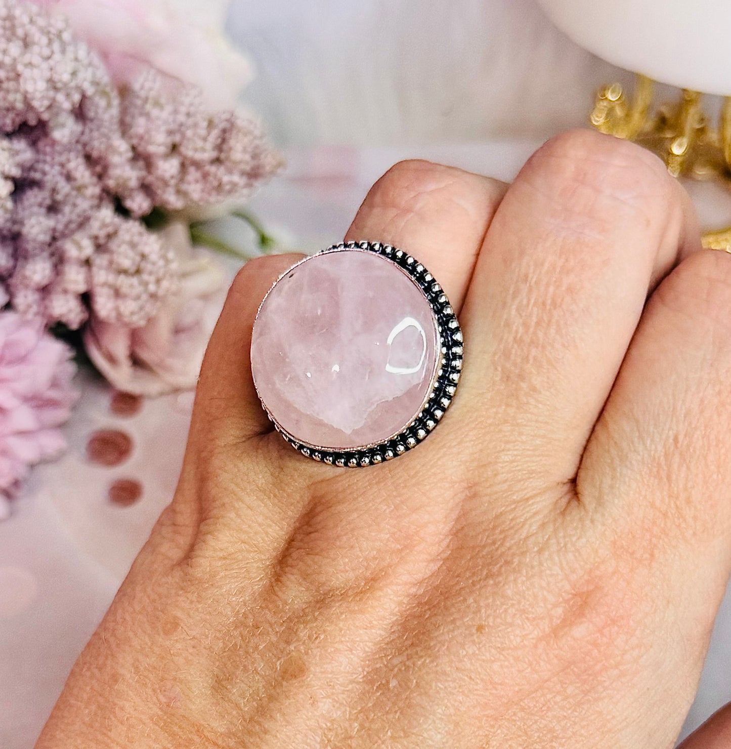 Large Rose Quartz Stone Silver Ring In Gft Bag